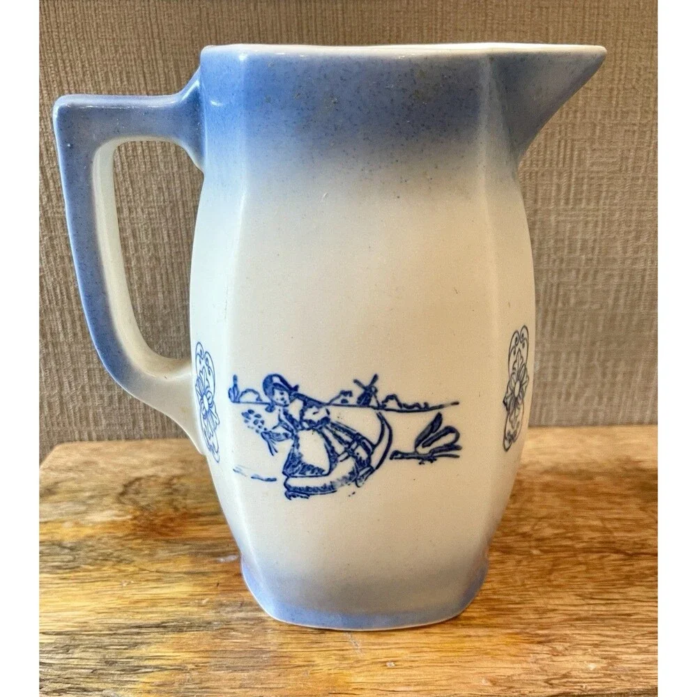 Antique Blue & White Dutch Girl Pitcher Ironstone Creamer Windmill Ombre Glaze